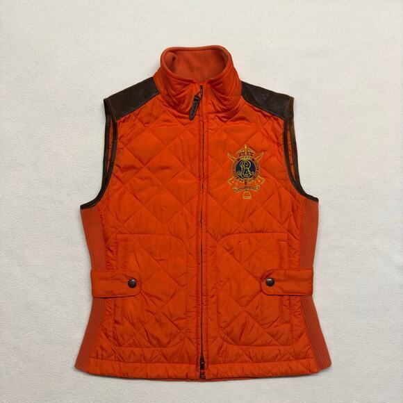Ralph Lauren Womens Small Vest Quilted Equestrian Crest Insulated Suede‎ Trim - Picture 1 of 11